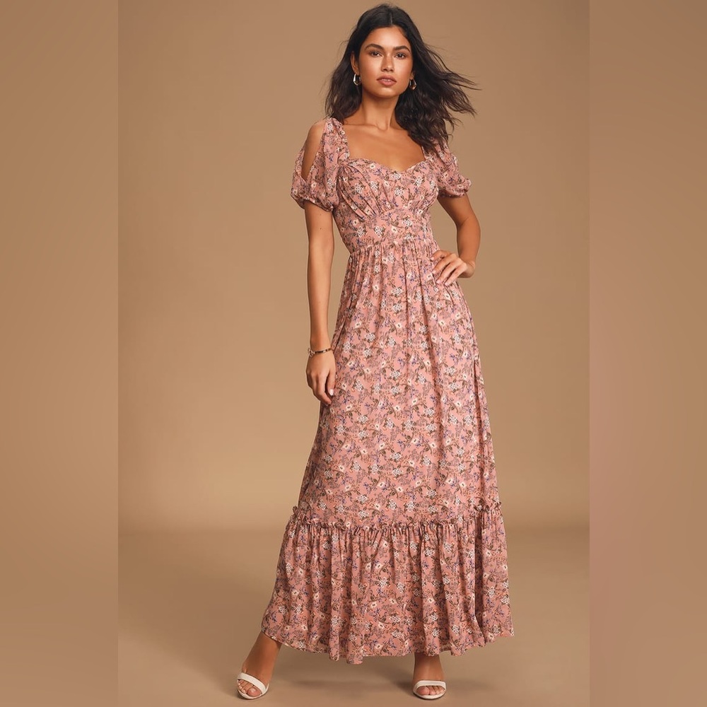 Lulus Feeling Fond Mauve Floral Print Puff Sleeve Maxi Dress, Size M